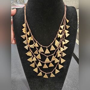 Brown Cord Multi Strand Matte Gold Triangle Layered Easy Hook Necklace